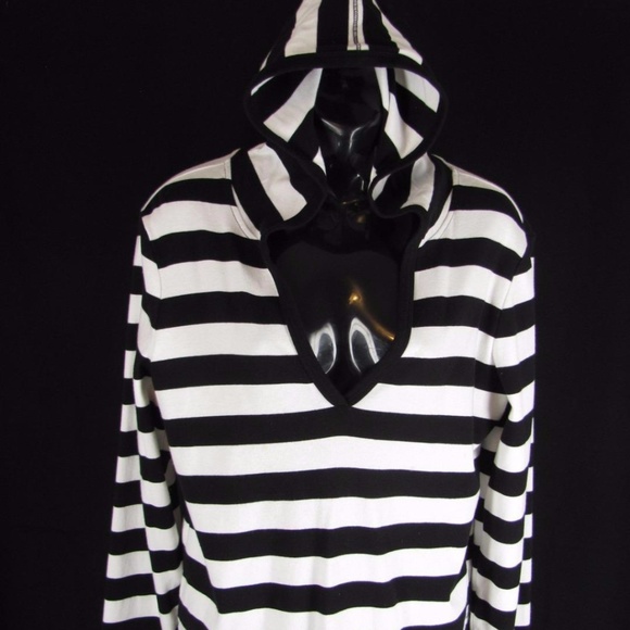Geoffrey Beene Hoodie Top L Black White Striped - Picture 1 of 3